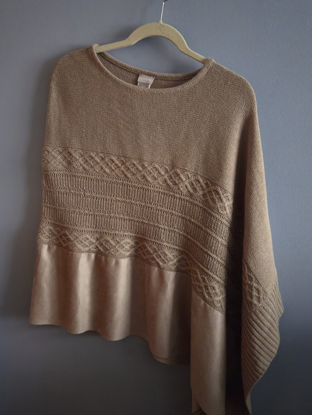 Chico's Taupe Mixed-Knit Poncho With Faux Suede Hem, Asymmetrical Hem